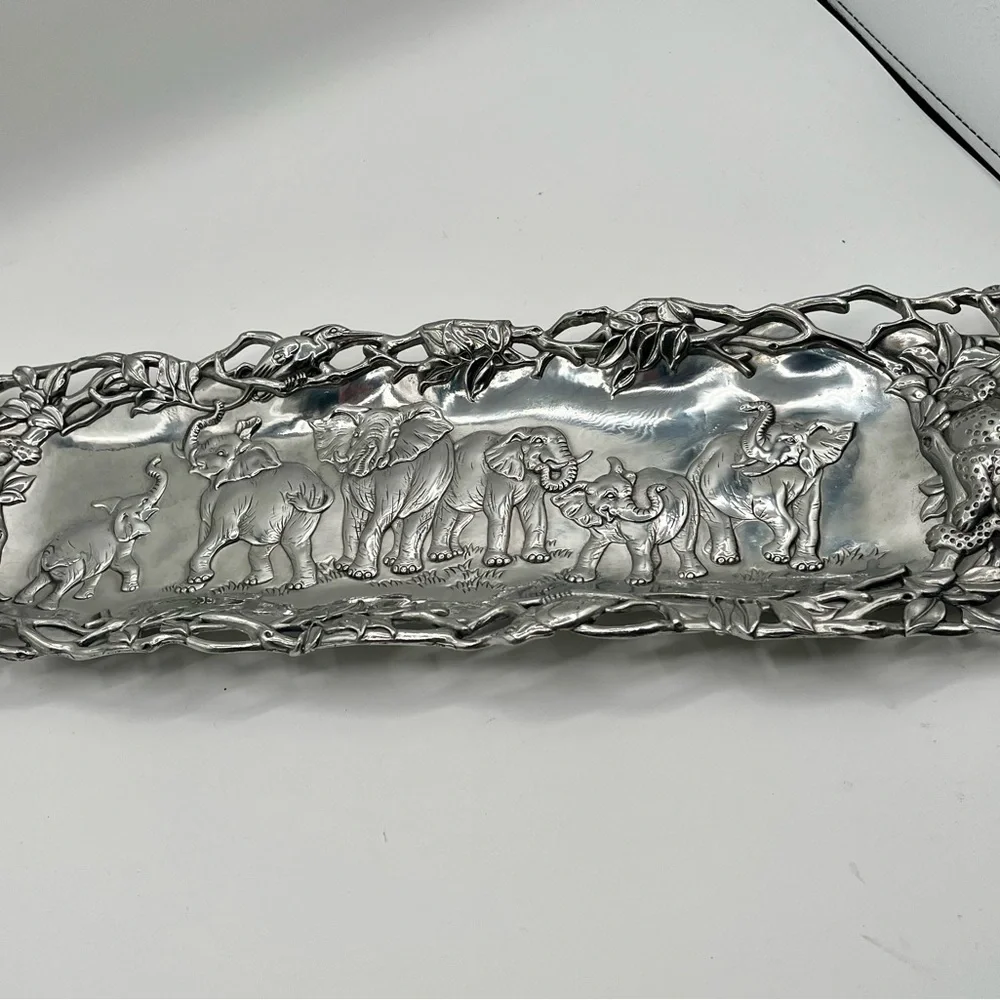 1997 Arthur Court Aluminum Jaguar , Elephant, Bird Tray 7/19 Inch